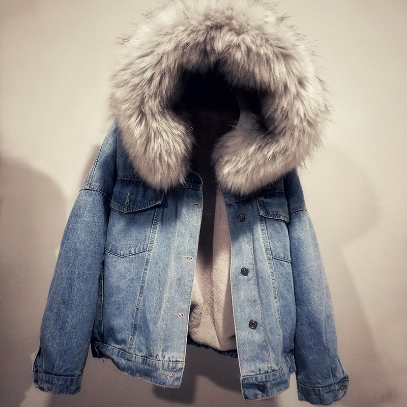 Neploe Korean Thick Denim Jacket Female Winter Hood Neploe Korean Thick Denim Jacket Female Winter Hood