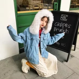 Neploe Korean Thick Denim Jacket Female Winter Hood Neploe Korean Thick Denim Jacket Female Winter Hood